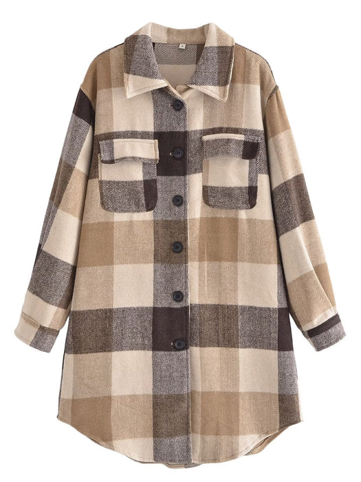 Fall Women Clothing Collared Pocket Decorative Plaid Casual Mid Length Shacket Women