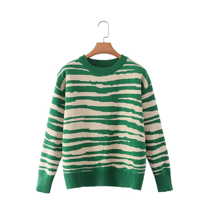 Spring Polo Collar Stripes Contrast Color Sweater Slimming Fashionable Pullover Base Knitwear