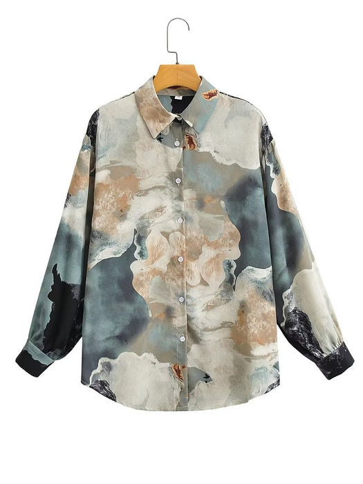 Early Autumn Retro Oil Painting Full Printed Long Sleeved Shirt Brand Loose Harajuku Laid Back Casual Shirt