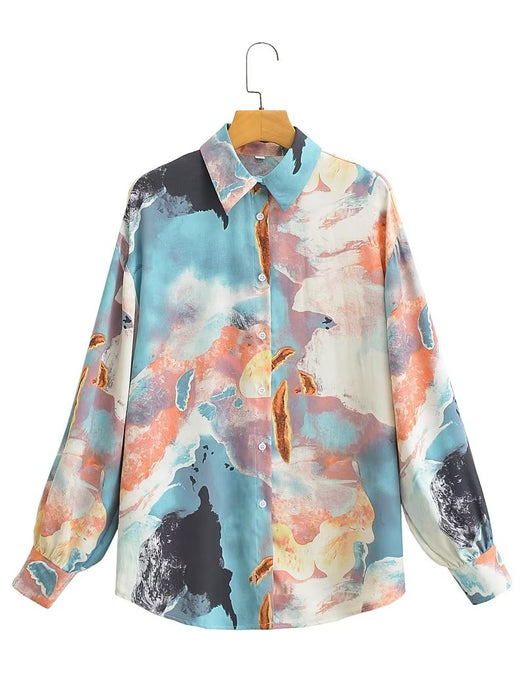 Early Autumn Retro Oil Painting Full Printed Long Sleeved Shirt Brand Loose Harajuku Laid Back Casual Shirt