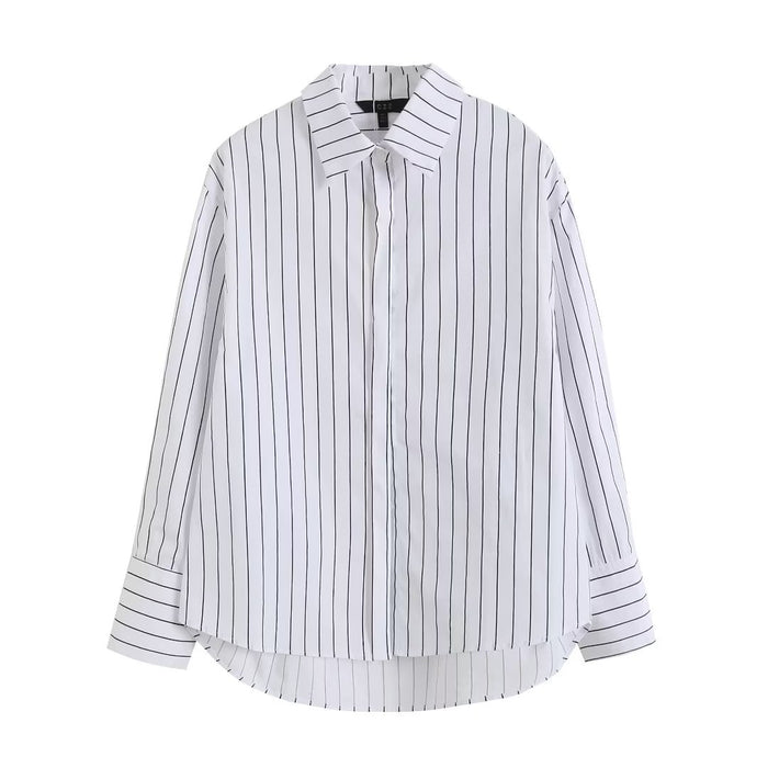 Fall Women Clothing Trendy Loose Design Cotton Striped Long-Sleeved Shirt