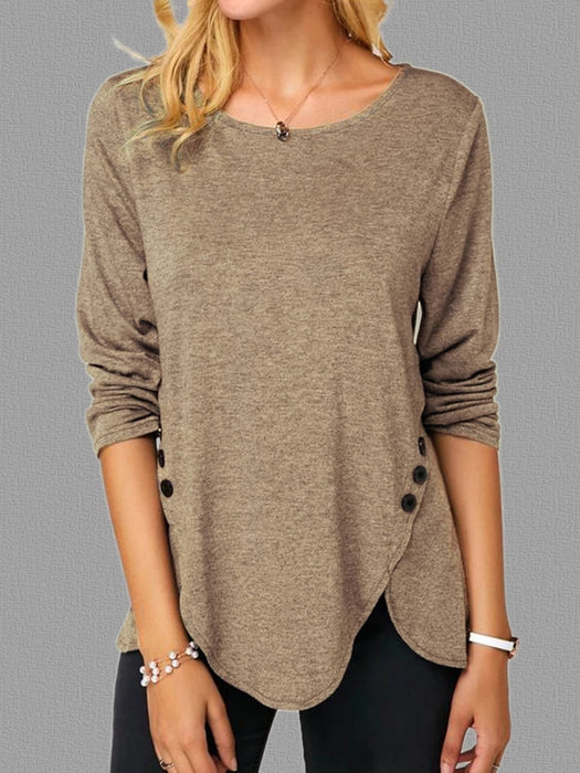 Spring Summer Irregular Asymmetric Button Hem Long Sleeve round Neck T shirt