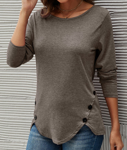 Spring Summer Irregular Asymmetric Button Hem Long Sleeve round Neck T shirt