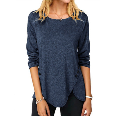 Spring Summer Irregular Asymmetric Button Hem Long Sleeve round Neck T shirt