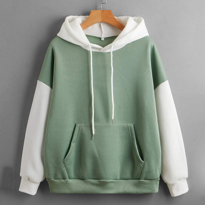 Fleece Lined Thickened Hooded Color Matching Hoodie Women Fashionable Autumn Winter Korean Contrast Color Delivery