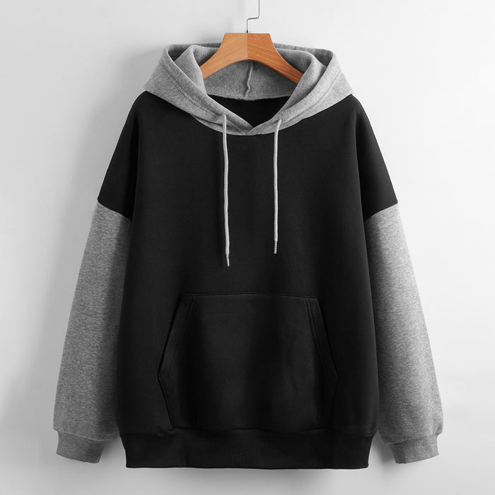 Fleece Lined Thickened Hooded Color Matching Hoodie Women Fashionable Autumn Winter Korean Contrast Color Delivery