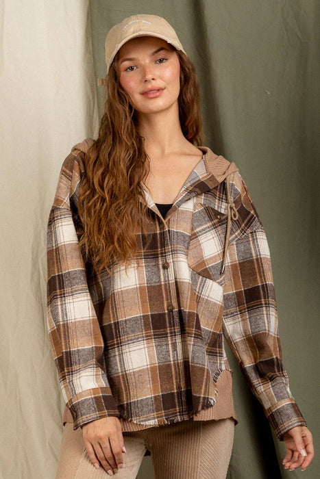 Winter Waffle Hooded Spliced Plaid Blouse Coat for Women