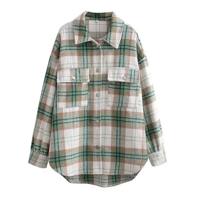 Chic Pink Plaid Coat Korean Women Clothing Autumn Casual Loose Wool