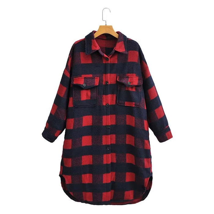 Printed Plaid Mid Length Pocket Hooded Long Sleeve  Women  Clothing