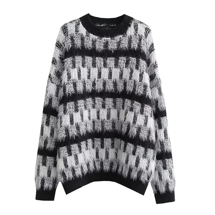 Black White Color Contrast Check Sweater Pullover Women Loose Outer Wear Long Sleeve Korean Retro Design Top