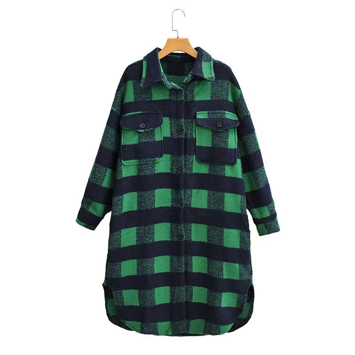 Printed Plaid Mid Length Pocket Hooded Long Sleeve  Women  Clothing