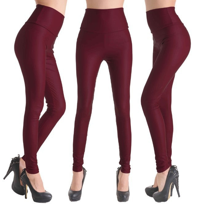 Plus Size Women High Waist Faux Leather Leggings Women Four Sided Elastic Bronzing Leather Pants