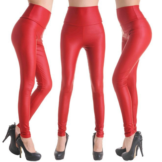 Plus Size Women High Waist Faux Leather Leggings Women Four Sided Elastic Bronzing Leather Pants