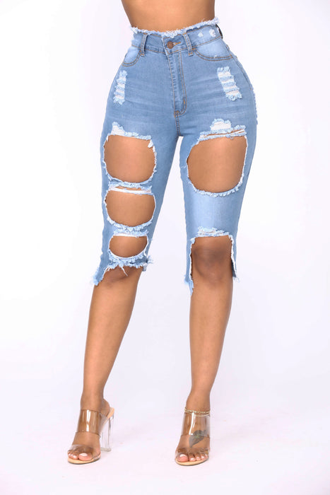 Elastic Ripped Jeans High Waist Middle Pants Cropped Pants Women