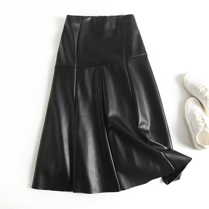 Solid Color High Waist Slim Fit A line  Long Skirt Autumn Winter Commuting Elegant Leather Skirt Women Skirt