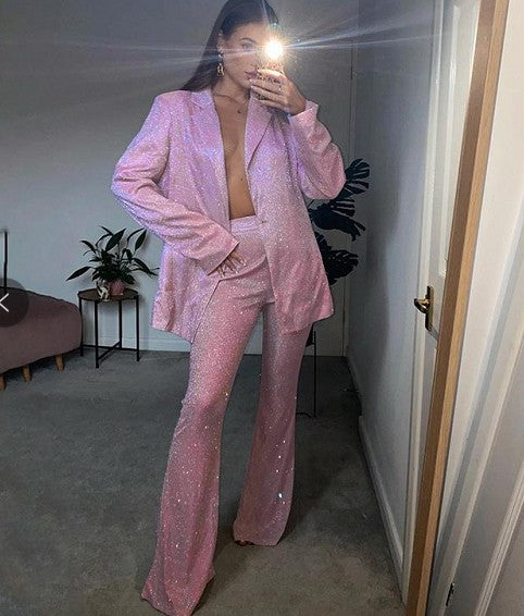 Glitter Camisole Slim Straight High Waisted Trousers Flash Coat Nightclub Suit