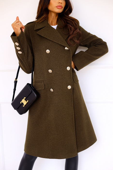 Double Row Button Medium Long Woolen Coat