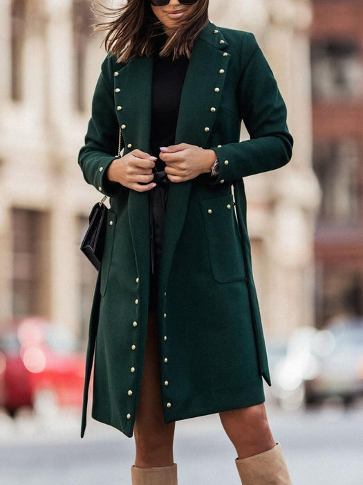 Autumn And Winter Simple Double Row Button Rivet Long Sleeve Collared Button Woolen Coat Women