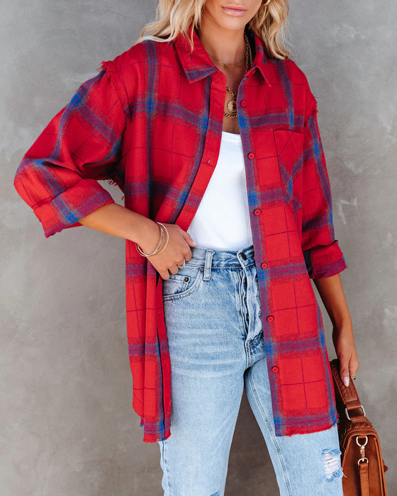 Women  Summer Vacation New Large Plaid Long Sleeve Burr Shirt