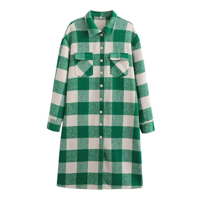 Autumn Double Pocket Plush Woolen Plaid Overcoat Coat Women Woolen Outer