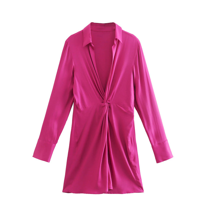 Spring Women Clothes Casual Long Sleeve Polo Collar Silk Satin Dress