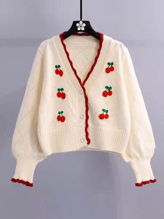 Cherry Embroidery Mesh Knitted Cardigan