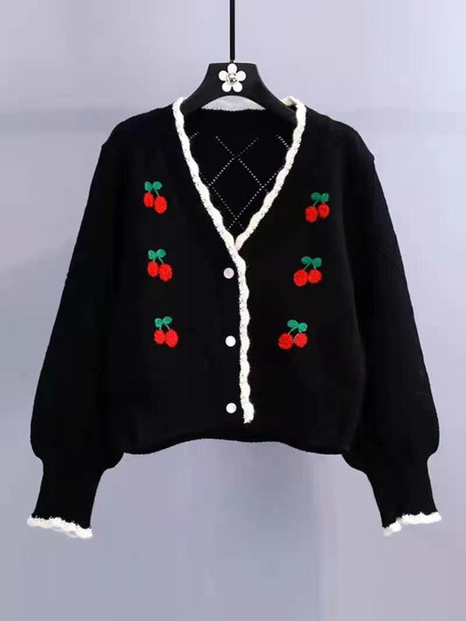 Cherry Embroidery Mesh Knitted Cardigan