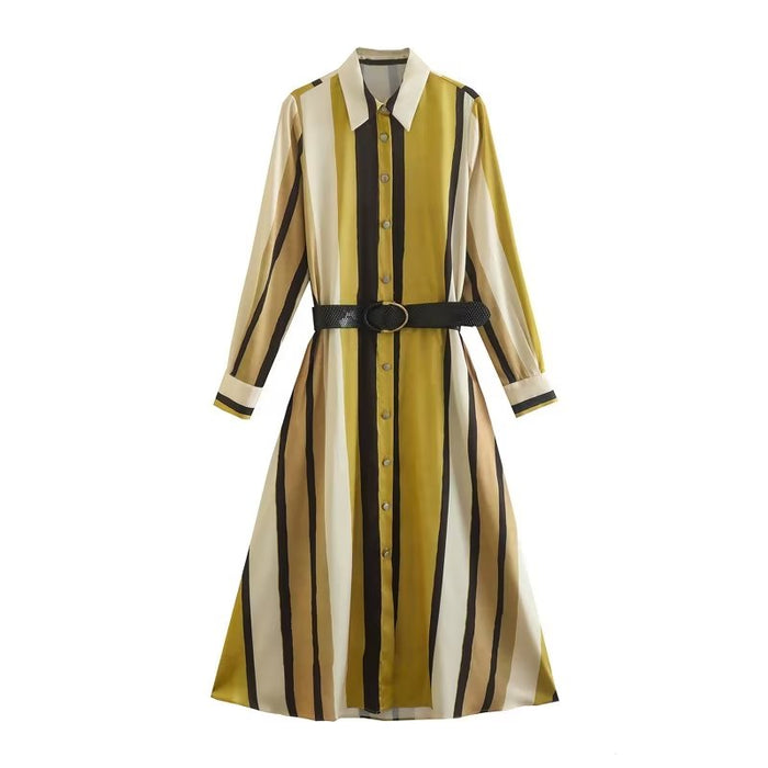 Women Spring Autumn Striped Shirt Dress With Belt Dress