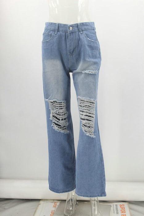 Autumn Street Hipster Water Washed Hole Straight Leg Pants Women Jeans