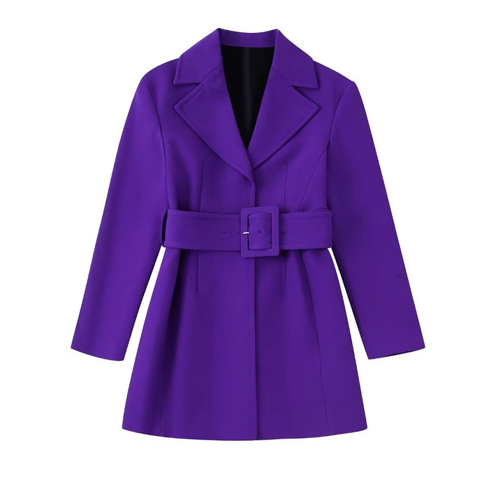 Winter Casual Collared Belt Purple Blazer Women