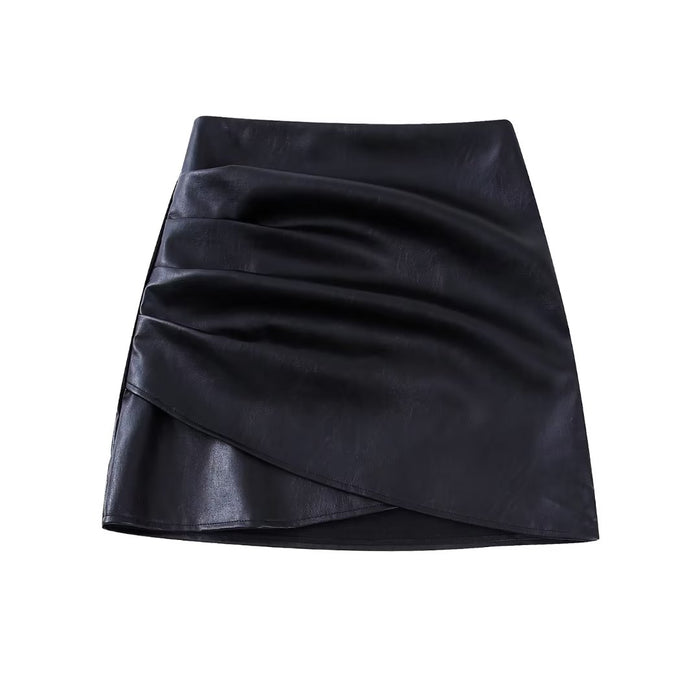 Autumn Women  Casual Faux Leather Faux Leather Pleated Irregular Asymmetric Mini Skirt