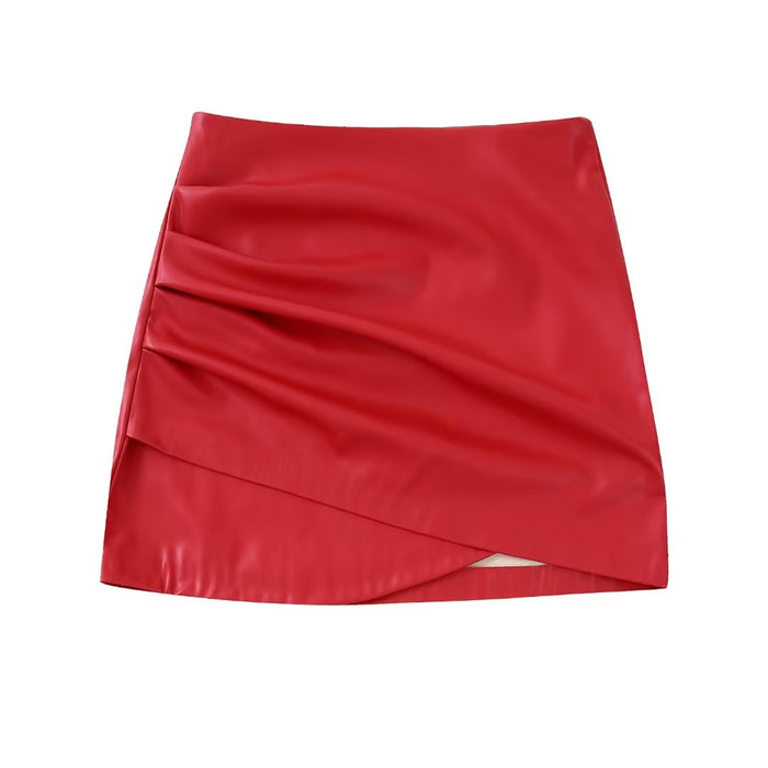 Autumn Women  Casual Faux Leather Faux Leather Pleated Irregular Asymmetric Mini Skirt