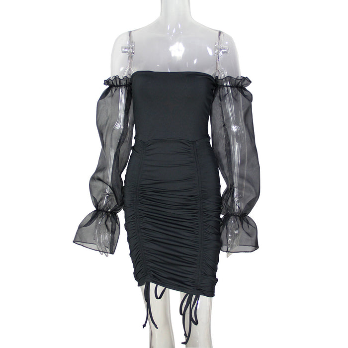 Spring Summer Mesh Dress Sexy Strapless Long Sleeve Pleated Hip Dress Drawstring