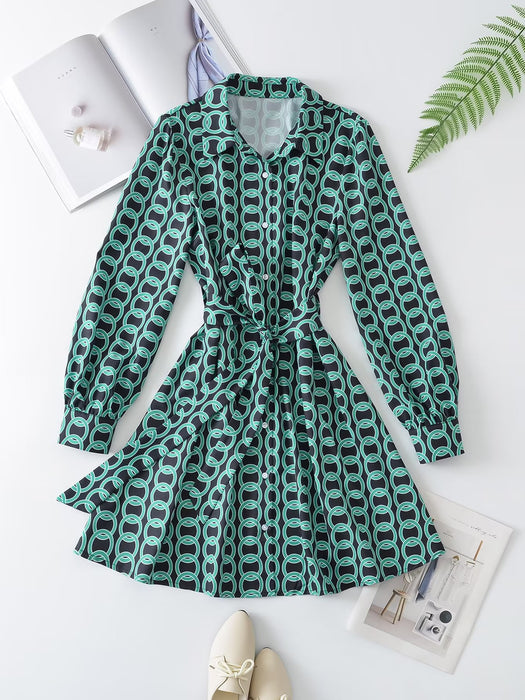 Summer Shirt Printed Lace up Cinched Patchwork Collared Dress Women