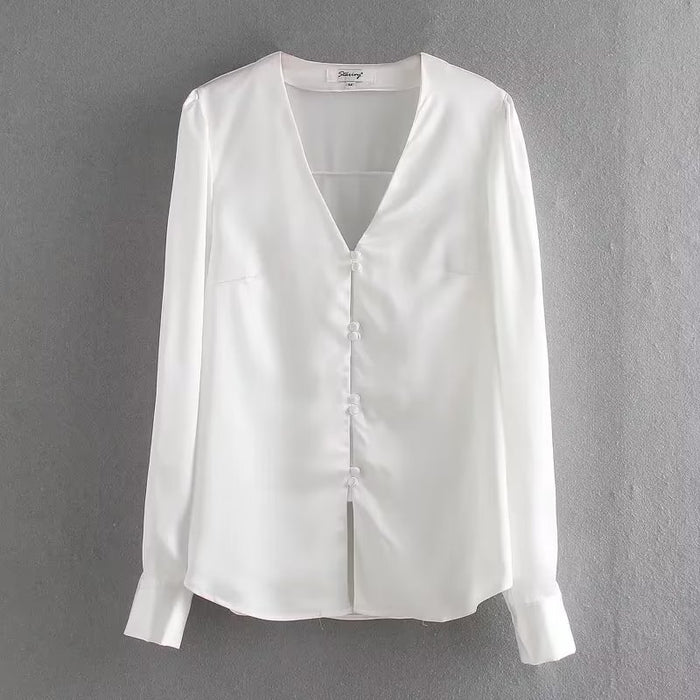 Women Clothing Bag Buckle V Neck Satin Shirt