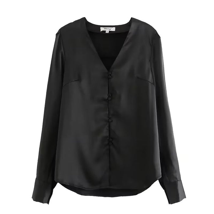 Women Clothing Bag Buckle V Neck Satin Shirt