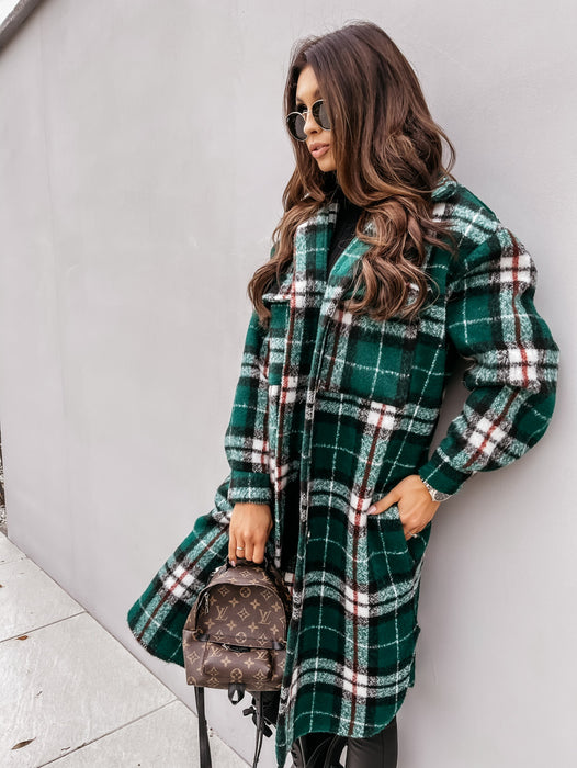 Women  New Fall Winter Long Sleeve Long Plaid Printed Shirt Woolen Jacket