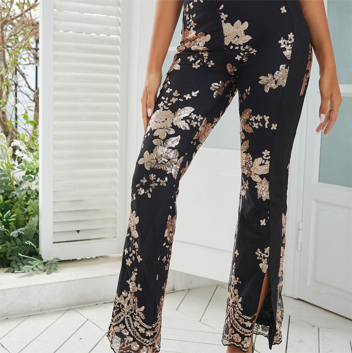 Autumn Winter Women Clothing Sequin Slim Trousers Embroidered Split Horn Casual Pants