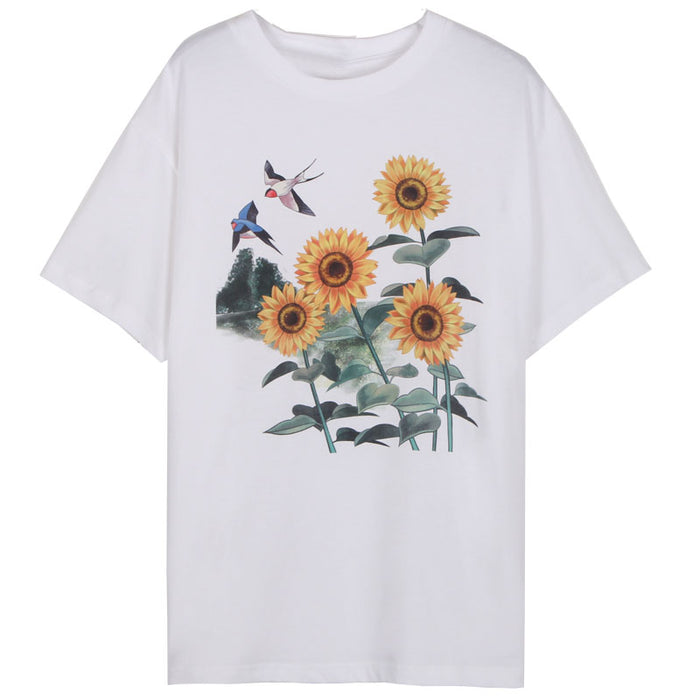 Sunflower Flying Bird Printed T shirt Women Trendy Street Casual Women T shirt Summer Student Campus Top