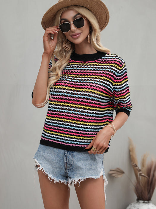 Spring Summer Stitching Hollow Out Cutout Sweater Loose round Neck Striped Sweater