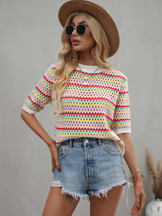 Spring Summer Stitching Hollow Out Cutout Sweater Loose round Neck Striped Sweater