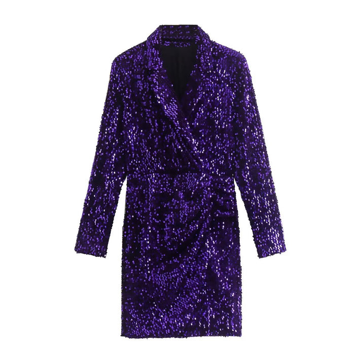 Autumn Winter Women Clothing Waist Trimming Casual Sequin Blazer Dress