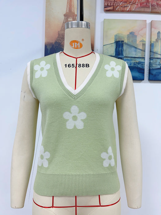 Spring Summer Women Clothing Printed V Neck Sleeveless Knitted Floral Pullover Women Knitwear