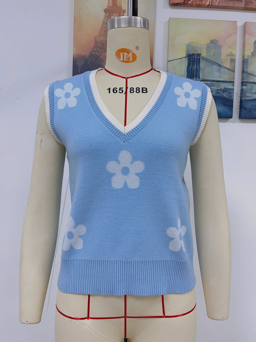 Spring Summer Women Clothing Printed V Neck Sleeveless Knitted Floral Pullover Women Knitwear