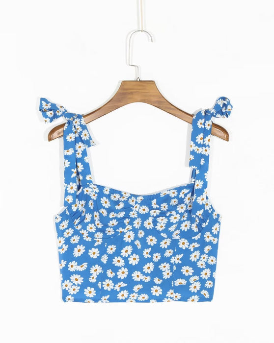 Wear Sexy Vacation Cropped Small Top Summer Little Daisy Printed Stretch Slim Fit Tied Sling