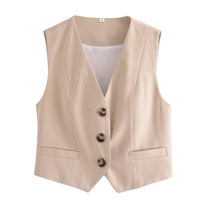 Spring Women Clothing V neck Sleeveless Short Buckle Vest Small Coat Women