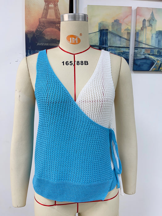 Spring Summer Rope Camisole Color Block V Neck Women Knitting