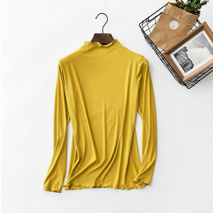 Spring Summer Thread Wooden Ear Turtleneck Bottoming Shirt Women Long Sleeved T Shirt Women Stretch Solid Color Underwear Top