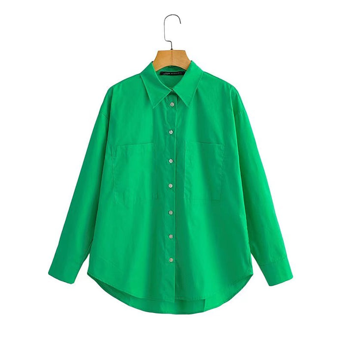 Spring Fall Women Clothing Office Casual Solid Pink Green Shirt