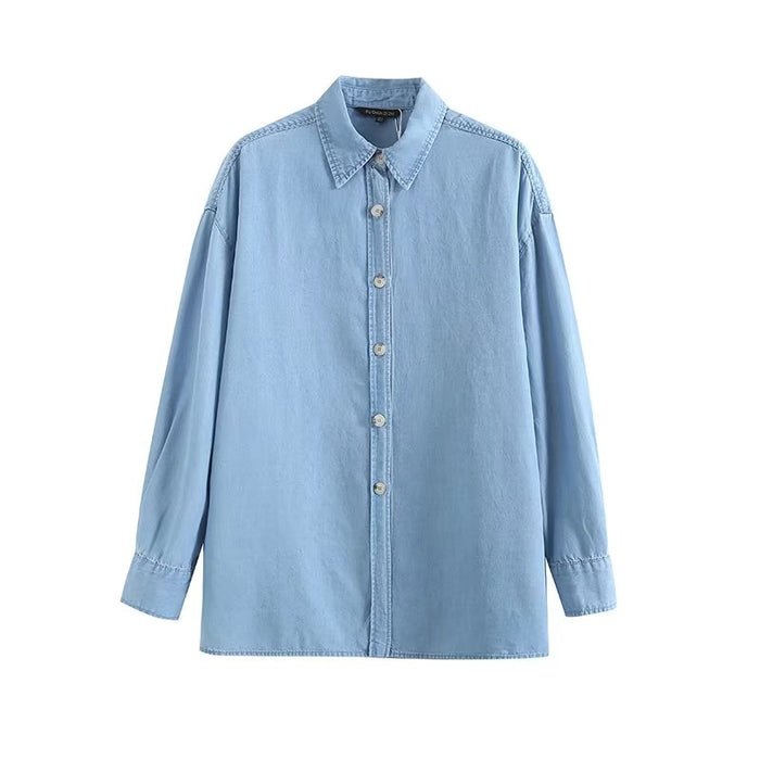 Blue Denim Shacket Women Spring Retro Fashionable Loose Slimming Small Long Sleeved Top